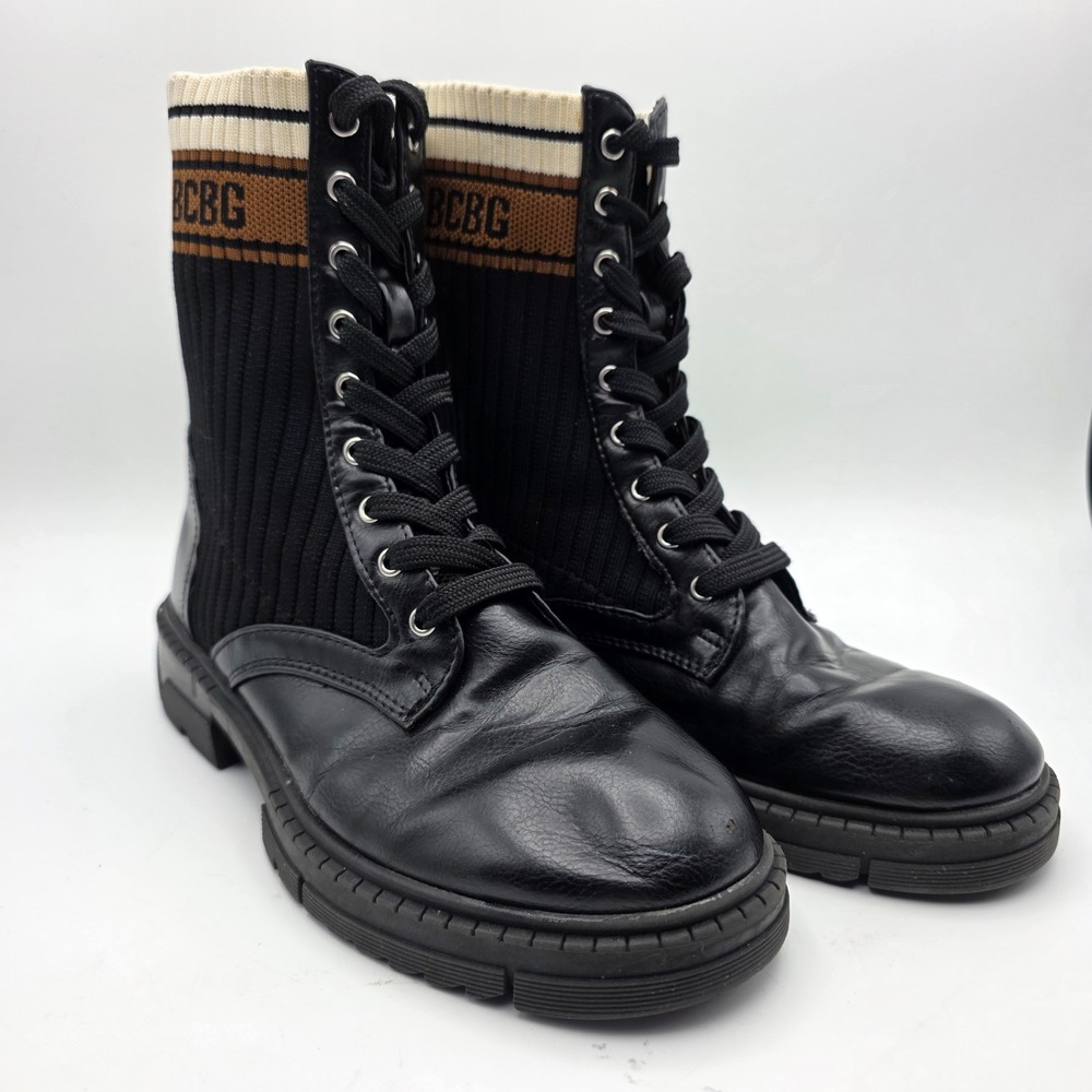 BCBG Y2k Tassie Combat Boots Moto Women's 7.5 Sock‎ Knit Lace Up Black Military